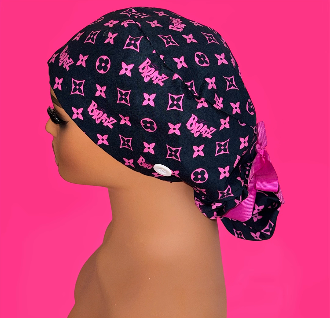 Pink Monogram Scrub Cap – Ponytail Style