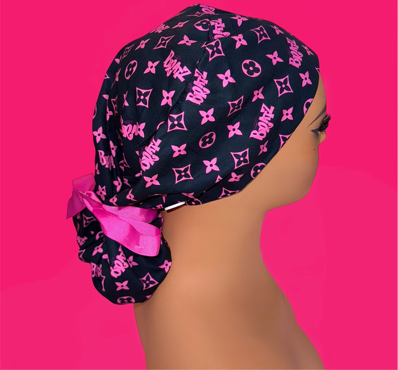Pink Monogram Scrub Cap – Ponytail Style